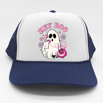 Groovy Hey Boo Cute Ghost Funny Halloween Girl Kids Trucker Hat