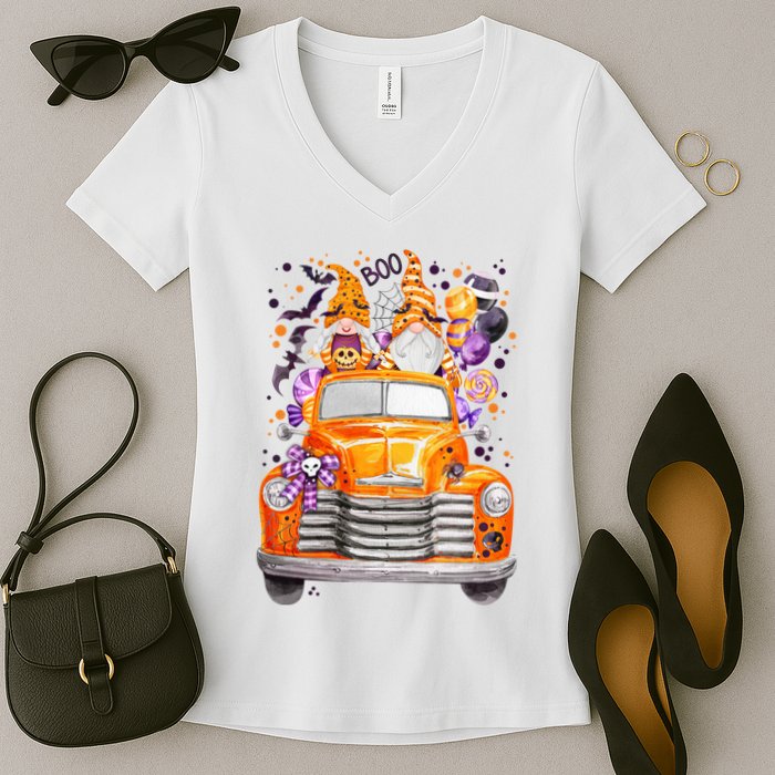 Gnome Halloween Boo Truck Women's V-Neck T-Shirt