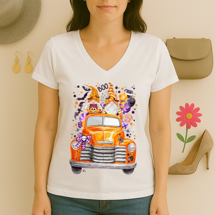 Gnome Halloween Boo Truck Women's V-Neck T-Shirt