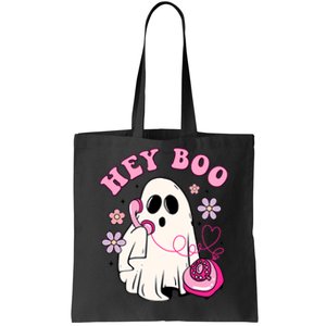 Groovy Hey Boo Cute Ghost Funny Halloween Breast Cancer Awareness Tote Bag