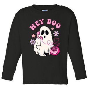 Groovy Hey Boo Cute Ghost Funny Halloween Breast Cancer Awareness Toddler Long Sleeve Shirt