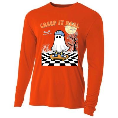 Groovy Halloween Creep It Real Retro Skateboarding Ghost Gift Cooling Performance Long Sleeve Crew