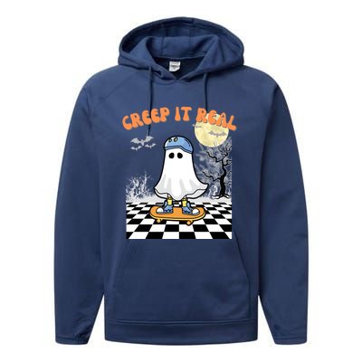 Groovy Halloween Creep It Real Retro Skateboarding Ghost Gift Performance Fleece Hoodie