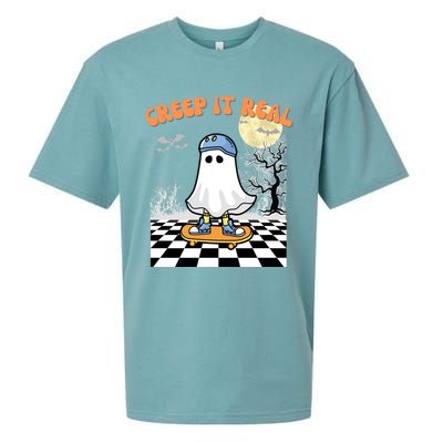 Groovy Halloween Creep It Real Retro Skateboarding Ghost Gift Sueded Cloud Jersey T-Shirt