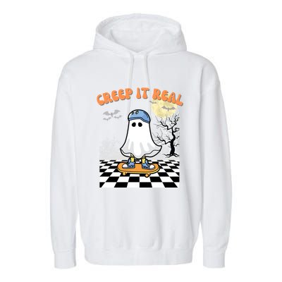 Groovy Halloween Creep It Real Retro Skateboarding Ghost Gift Garment-Dyed Fleece Hoodie