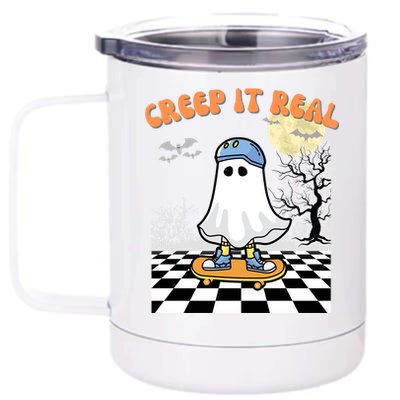 Groovy Halloween Creep It Real Retro Skateboarding Ghost Gift 12 oz Stainless Steel Tumbler Cup