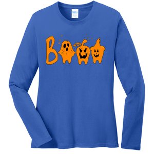 Group Halloween Costume Teeth Booo Pumpkin Witch Ghost Funny Cute Gift Ladies Long Sleeve Shirt