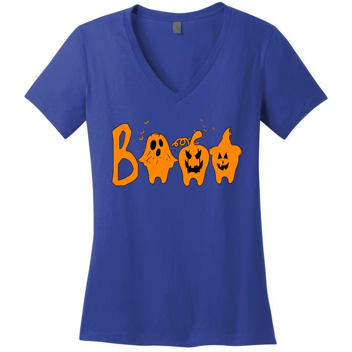 Group Halloween Costume Teeth Booo Pumpkin Witch Ghost Funny Cute Gift Women's V-Neck T-Shirt