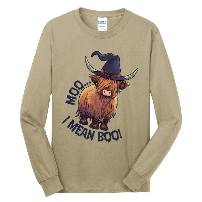 Ghost Highland Cow Moo I Mean Boo Pumpkin Funny Halloween Tall Long Sleeve T-Shirt