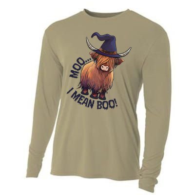 Ghost Highland Cow Moo I Mean Boo Pumpkin Funny Halloween Cooling Performance Long Sleeve Crew