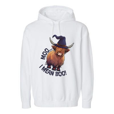 Ghost Highland Cow Moo I Mean Boo Pumpkin Funny Halloween Garment-Dyed Fleece Hoodie