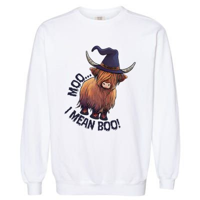 Ghost Highland Cow Moo I Mean Boo Pumpkin Funny Halloween Garment-Dyed Sweatshirt