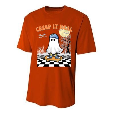 Groovy Halloween Creep It Real Retro Skateboarding Ghost Gift Performance Sprint T-Shirt