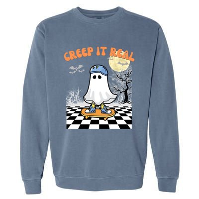 Groovy Halloween Creep It Real Retro Skateboarding Ghost Gift Garment-Dyed Sweatshirt