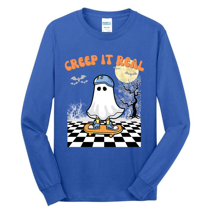 Groovy Halloween Creep It Real Retro Skateboarding Ghost Gift Tall Long Sleeve T-Shirt