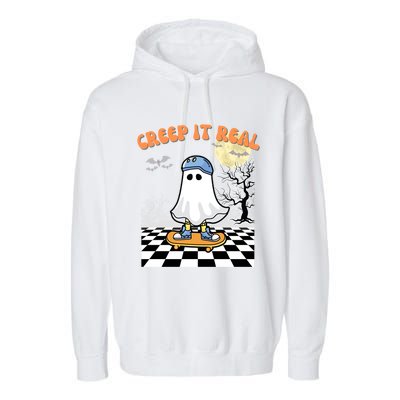 Groovy Halloween Creep It Real Retro Skateboarding Ghost Gift Garment-Dyed Fleece Hoodie