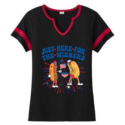 Groovy Hot Dog Im Just Here For The Wieners 4Th Of July Ladies Halftime Notch Neck Tee