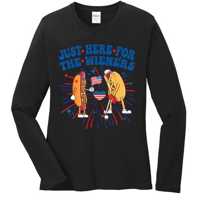 Groovy Hot Dog Im Just Here For The Wieners 4Th Of July Ladies Long Sleeve Shirt