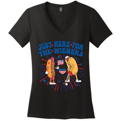 Groovy Hot Dog Im Just Here For The Wieners 4Th Of July Women's V-Neck T-Shirt