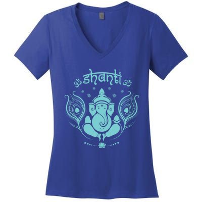 Ganesh Hindu Elephant God Peacock Feather Lotus Shanti Yoga Gift Women's V-Neck T-Shirt