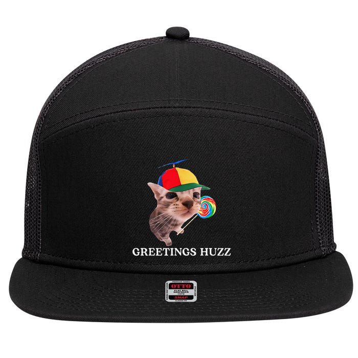 Greetings Huzz Funny Gen Z Gen Alpha Slang Silly Cat Meme 7 Panel Mesh Trucker Snapback Hat