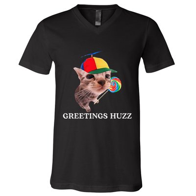 Greetings Huzz Funny Gen Z Gen Alpha Slang Silly Cat Meme V-Neck T-Shirt