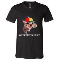 Greetings Huzz Funny Gen Z Gen Alpha Slang Silly Cat Meme V-Neck T-Shirt