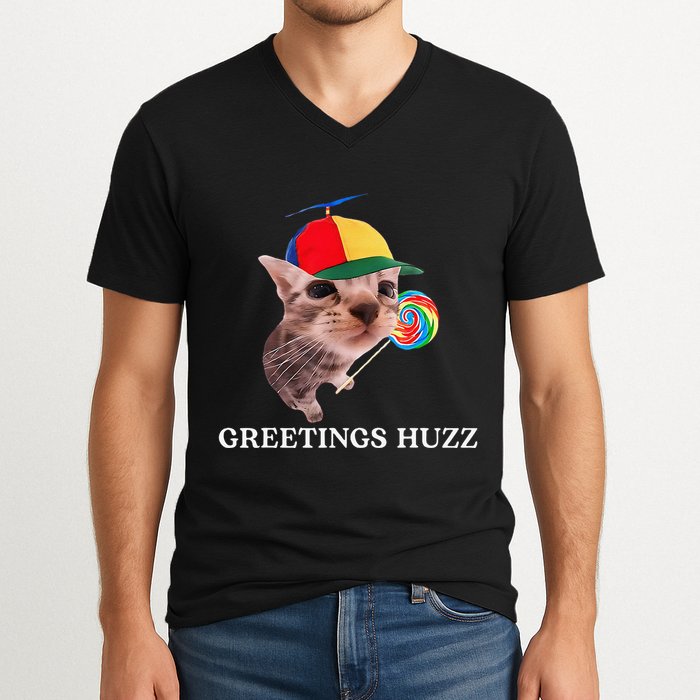Greetings Huzz Funny Gen Z Gen Alpha Slang Silly Cat Meme V-Neck T-Shirt