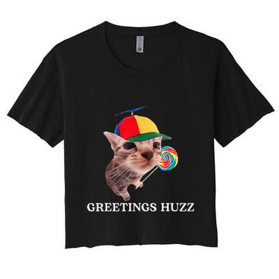 Greetings Huzz Funny Gen Z Gen Alpha Slang Silly Cat Meme Crop Top
