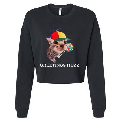 Greetings Huzz Funny Gen Z Gen Alpha Slang Silly Cat Meme Cropped Pullover Crew