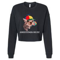 Greetings Huzz Funny Gen Z Gen Alpha Slang Silly Cat Meme Cropped Pullover Crew