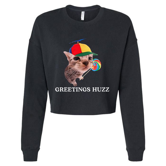 Greetings Huzz Funny Gen Z Gen Alpha Slang Silly Cat Meme Cropped Pullover Crew