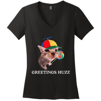 Greetings Huzz Funny Gen Z Gen Alpha Slang Silly Cat Meme Women's V-Neck T-Shirt