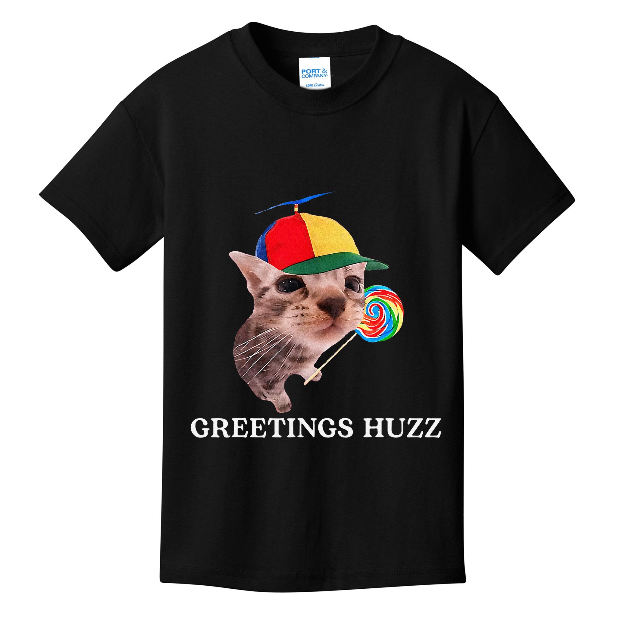Greetings Huzz Funny Gen Z Gen Alpha Slang Silly Cat Meme Kids T-Shirt