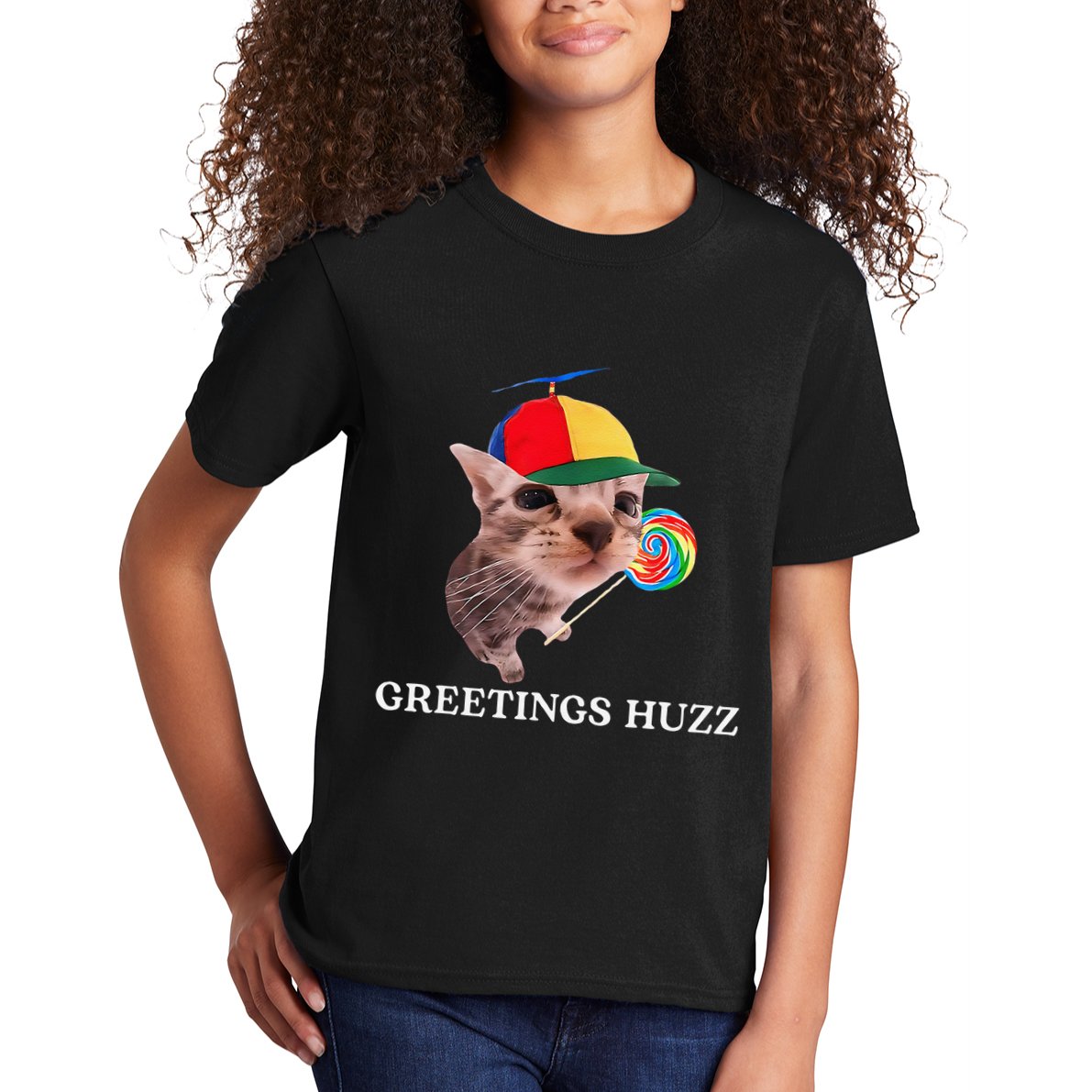 Greetings Huzz Funny Gen Z Gen Alpha Slang Silly Cat Meme Kids T-Shirt