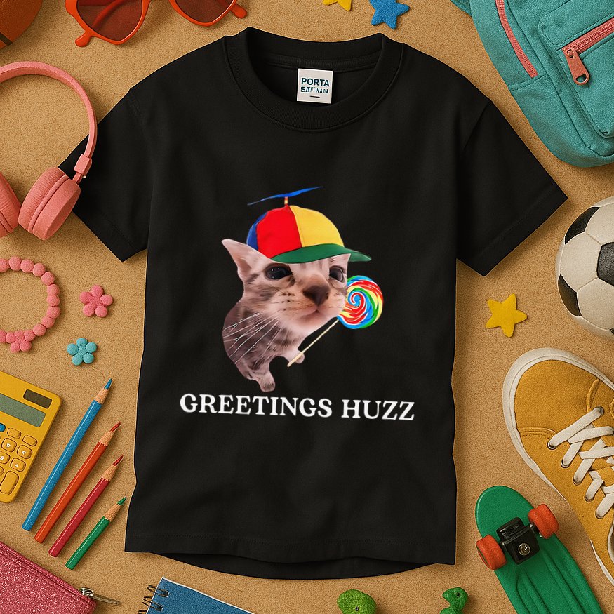 Greetings Huzz Funny Gen Z Gen Alpha Slang Silly Cat Meme Kids T-Shirt