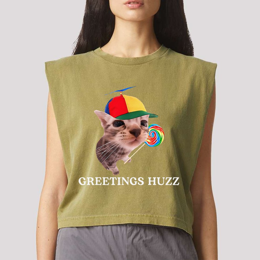 Greetings Huzz Funny Gen Z Gen Alpha Slang Silly Cat Meme Garment-Dyed Women's Muscle Tee