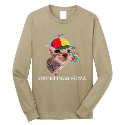 Greetings Huzz Funny Gen Z Gen Alpha Slang Silly Cat Meme Long Sleeve Shirt