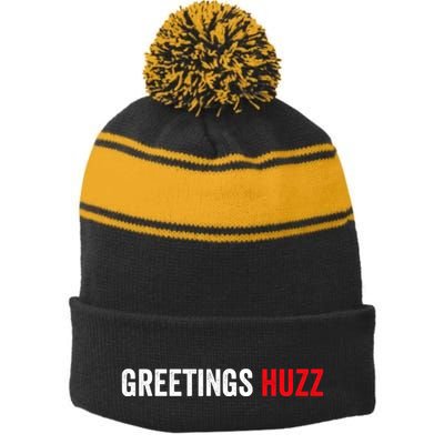 Greetings Huzz Funny Gen Z Gen Alpha Slang Meme Stripe Pom Pom Beanie