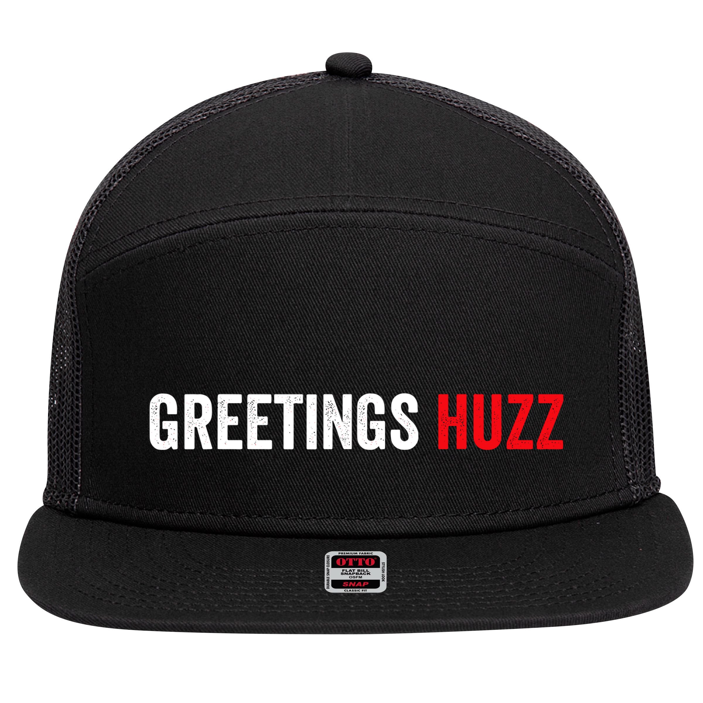 Greetings Huzz Funny Gen Z Gen Alpha Slang Meme 7 Panel Mesh Trucker Snapback Hat