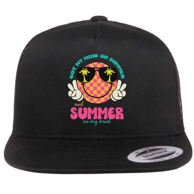 Groovy Happy Face Summer Vibes Got My Mind On Summer Teacher Flat Bill Trucker Hat
