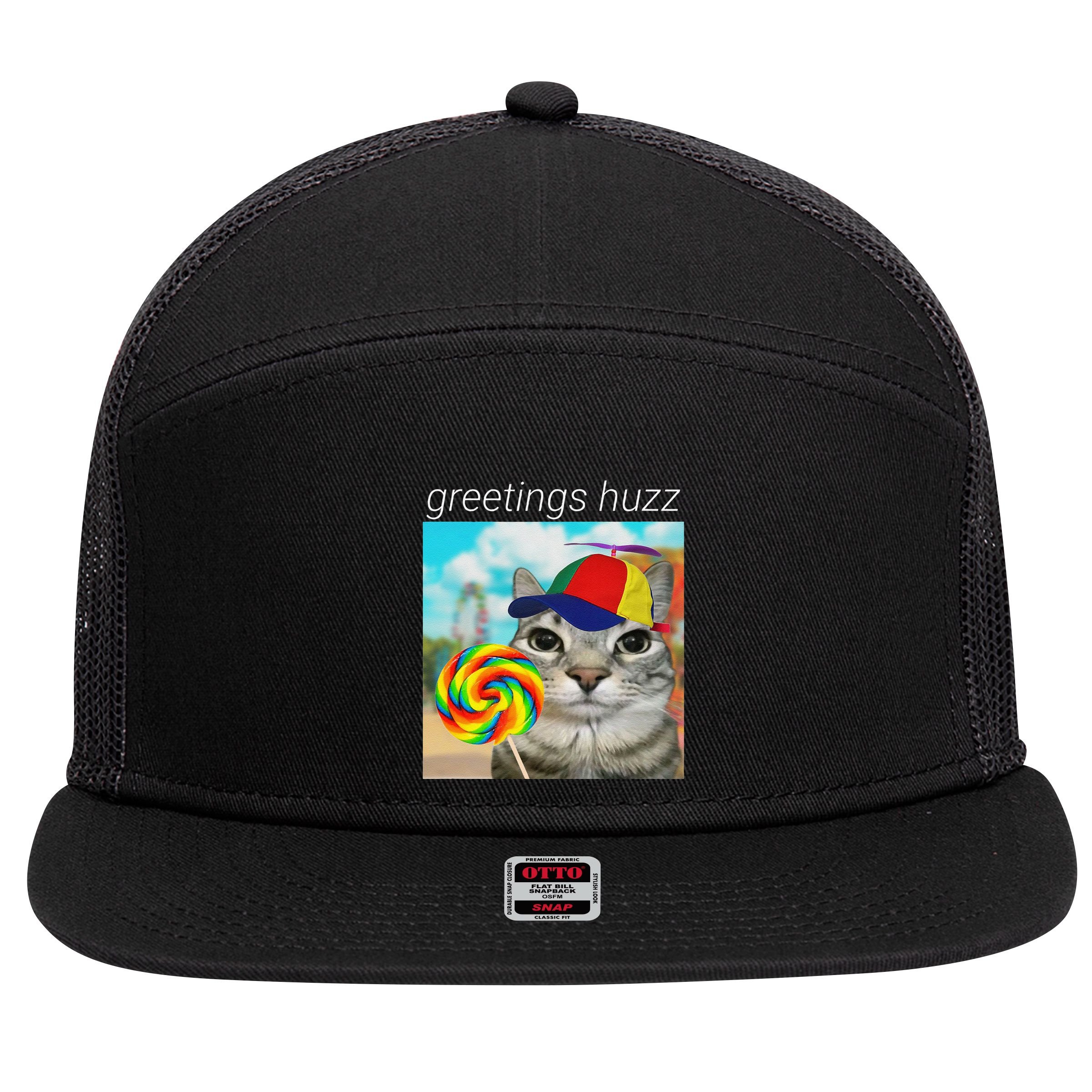 Greetings Huzz Funny Gen Z Gen Alpha Slang Meme Gift 7 Panel Mesh Trucker Snapback Hat