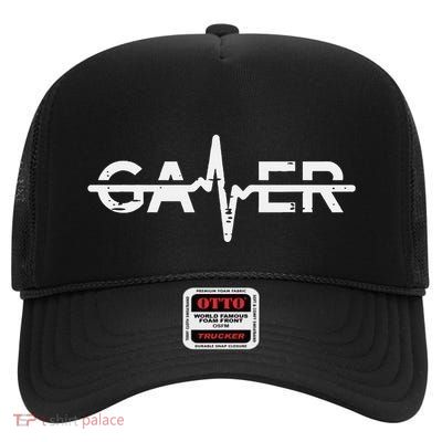 Gamer Heartbeat Funny Video Gaming High Crown Mesh Back Trucker Hat