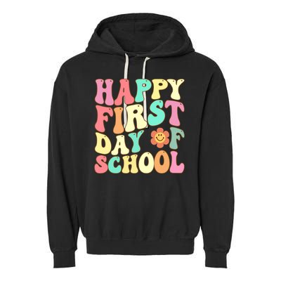 Groovy Happy First Day Of School Teacher Back To School Cool Gift Garment-Dyed Fleece Hoodie