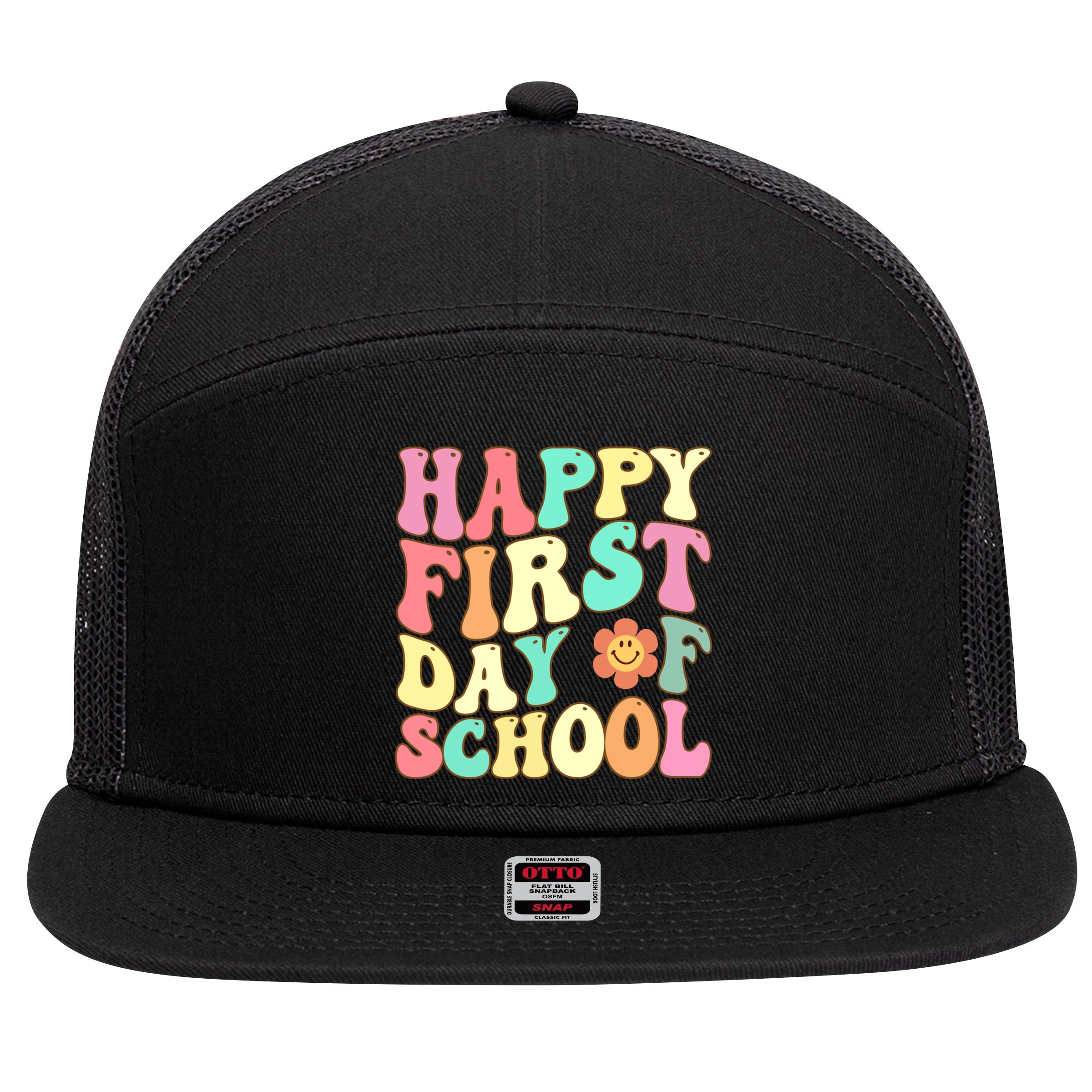 Groovy Happy First Day Of School Teacher Back To School Cool Gift 7 Panel Mesh Trucker Snapback Hat