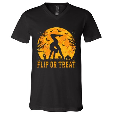 Gymnastics Halloween Flip or Treat Halloween Gymnastics V-Neck T-Shirt