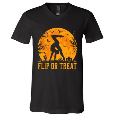 Gymnastics Halloween Flip Or Treat Halloween Gymnastics V-Neck T-Shirt