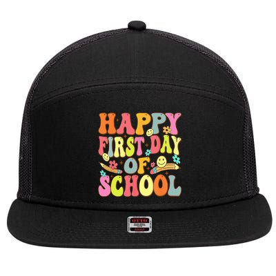 Groovy Happy First Day Of School Back To School Teachers 7 Panel Mesh Trucker Snapback Hat