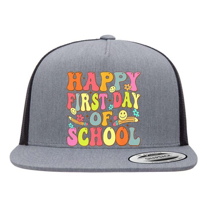 Groovy Happy First Day Of School Back To School Teachers Flat Bill Trucker Hat