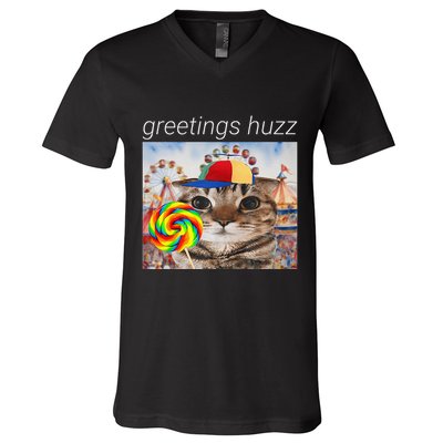 Greetings Huzz Funny Gen Z Gen Alpha Silly Cat Lollipop Meme V-Neck T-Shirt